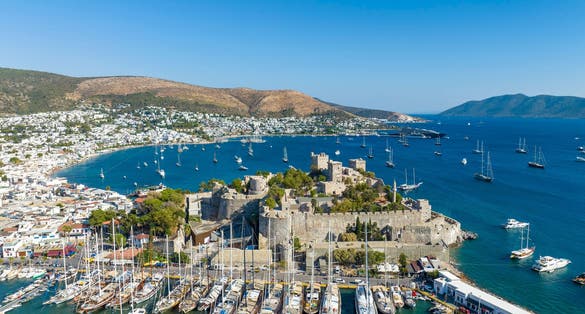 photo of aerial view of Bodrum on Turkish Riviera. View on Saint Peter Castle Bodrum and marina.