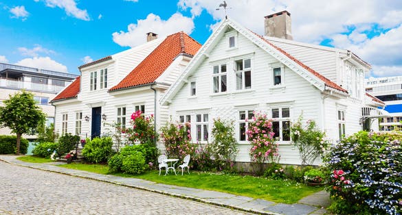Photo of traditional wooden houses in Gamle Stavanger. Gamle Stavanger is a historic area of the city of Stavanger in Rogaland, Norway.