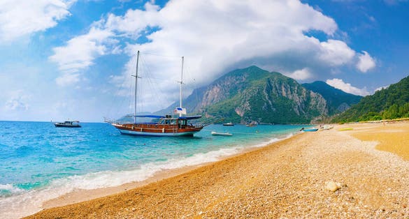 Photo of beautiful panoramic view of sea and beach Cirali, Kemer, Antalya, Turkey. 