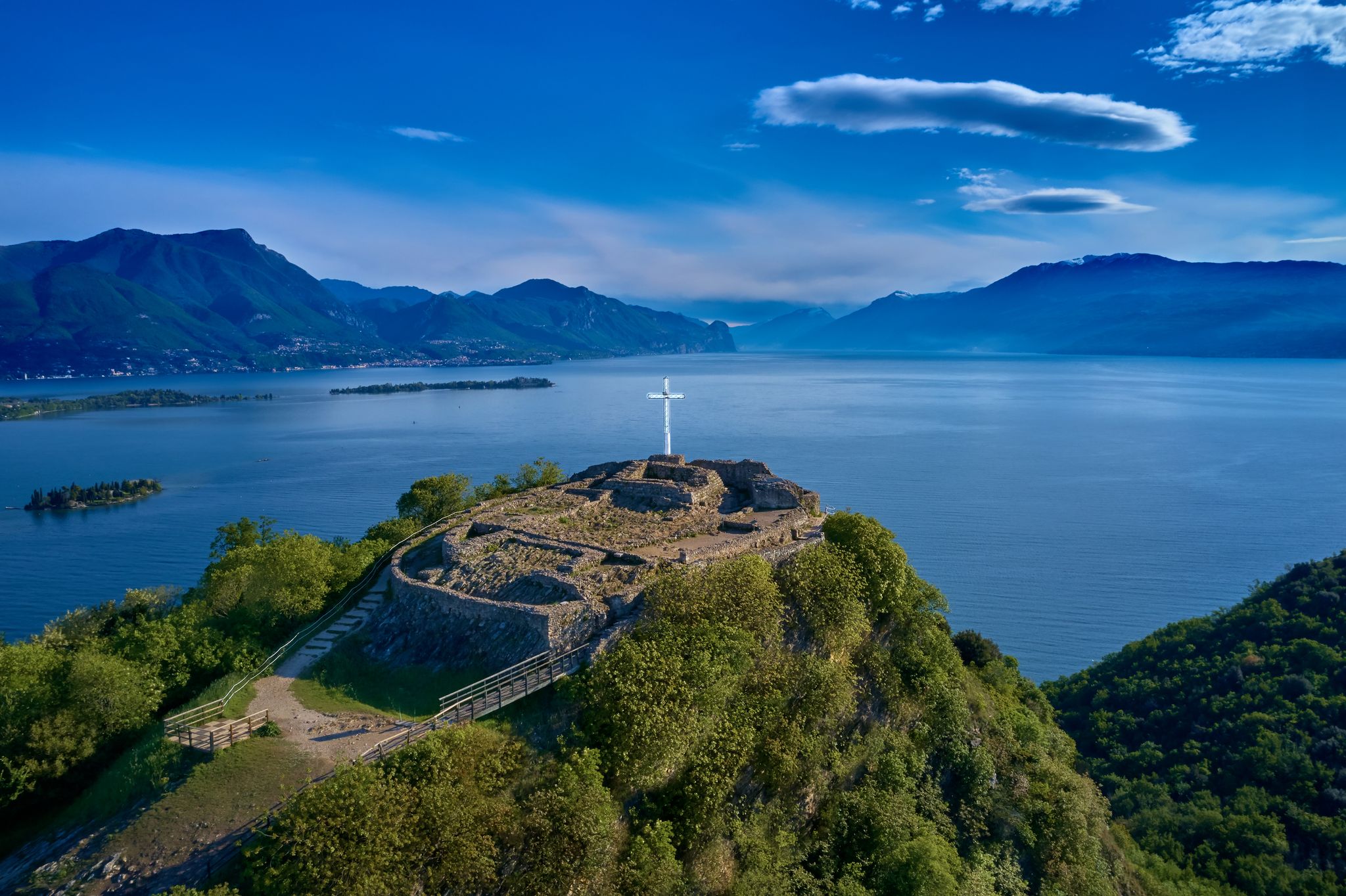 Aerial photography with drone, Rocca di Manerba in Garda lake,,Italy.