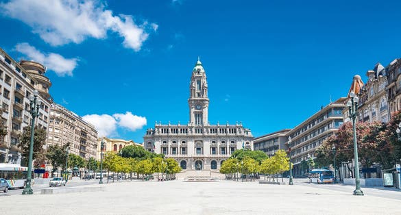 Photo of majestic old city hall of Porto on Avenida dos Aliados, Portugal.