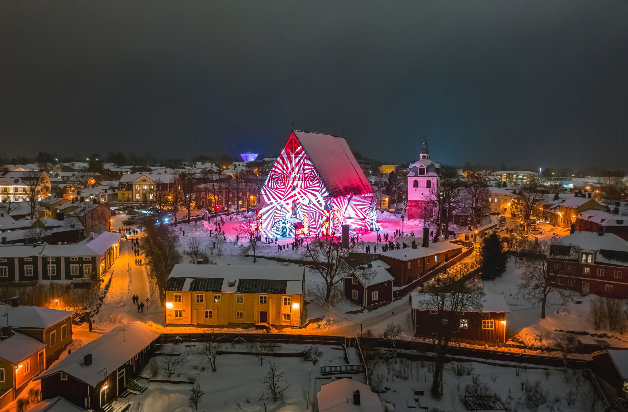 Aerial view of Old Porvoo in the winter evening with Christmas decoration, Finland. Porvoo is one of the most famous, beautiful old Finnish cities.