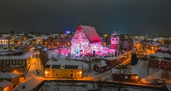 Aerial view of Old Porvoo in the winter evening with Christmas decoration, Finland. Porvoo is one of the most famous, beautiful old Finnish cities.