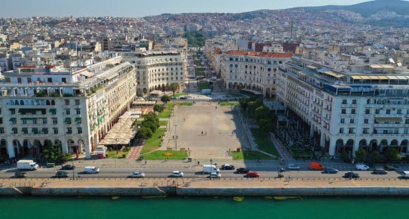 Photo of aerial drone panoramic view of iconic landmark Aristotelous square in the heart of Thessaloniki or Salonica, North Greece.