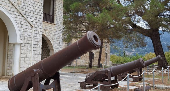 photo of cannons behind the Byzantine, museum Ioannina city Greece.