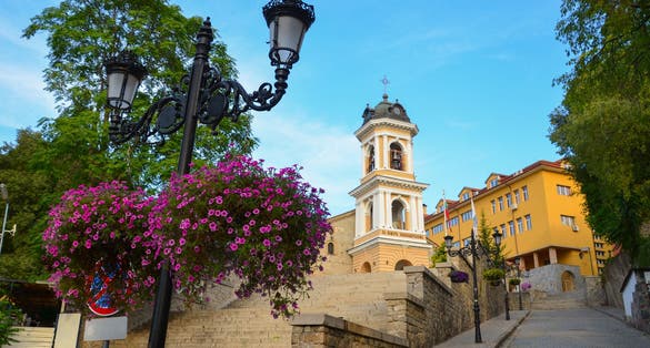 Photo of beautiful old town with the Holy Mother of God Church in Plovdiv, Bulgaria.