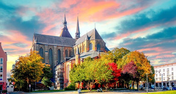 photo of St Marys church in the city center of Rostock, Germany.