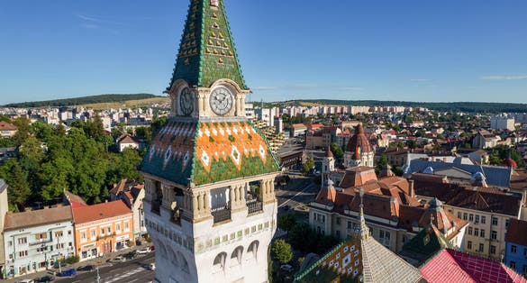Aerial drone view of Prefecture Tower in the centre of Targu Mures, Romania.
