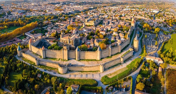 Photo of aerial view of Carcassonne, France.
