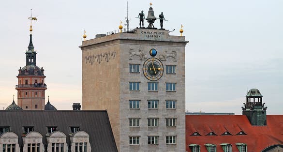 Facade of Kroch-Hochhaus skyscraper in Leipzig (egyptian museum), Germany