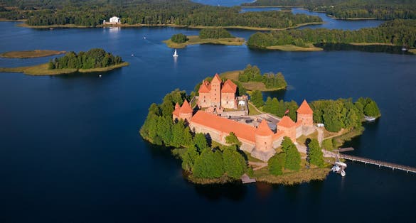Lithuanian water castle - Panoramic view of Trakai Castle and Lake Galvė