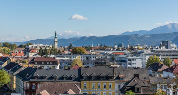 View of Klagenfurt from Kreuzbergl, 8th district "Villacher Vorstadt", statutary city Klagenfurt, Austria.