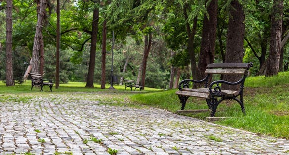 A Stone-paved Pedestrian Path With Empty Benches Along Edge in Public Park in Niš, Serbia