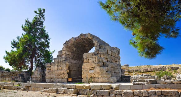 Photo of ruins of temple in Corinth, Greece.