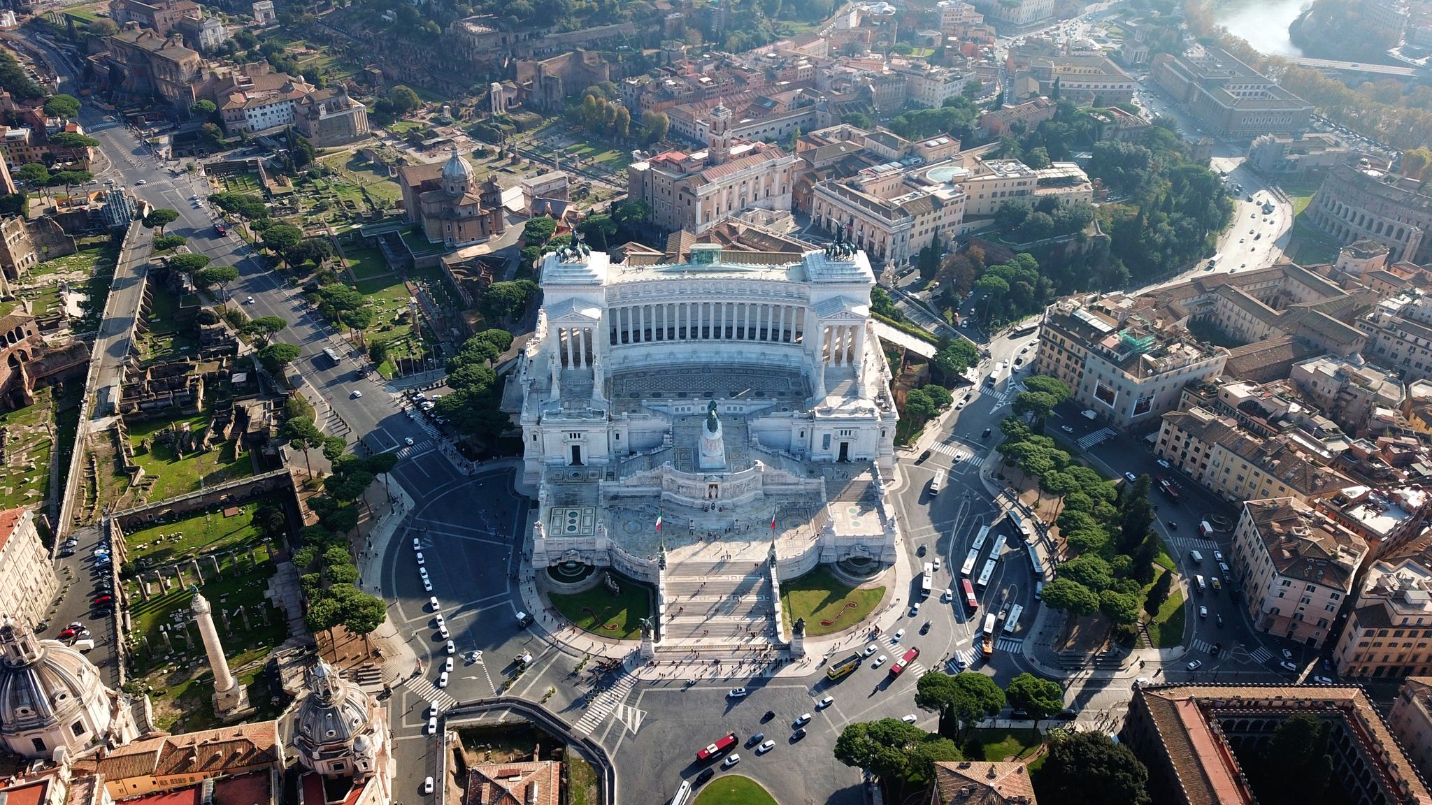 photo of aerial drone view of iconic neoclassic building of altar of the fatherland - altare della patria, known as the national monument to victor emmanuel II in city of Rome, piazza venezia, Italy.