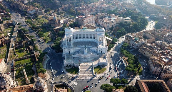 photo of aerial drone view of iconic neoclassic building of altar of the fatherland - altare della patria, known as the national monument to victor emmanuel II in city of Rome, piazza venezia, Italy.