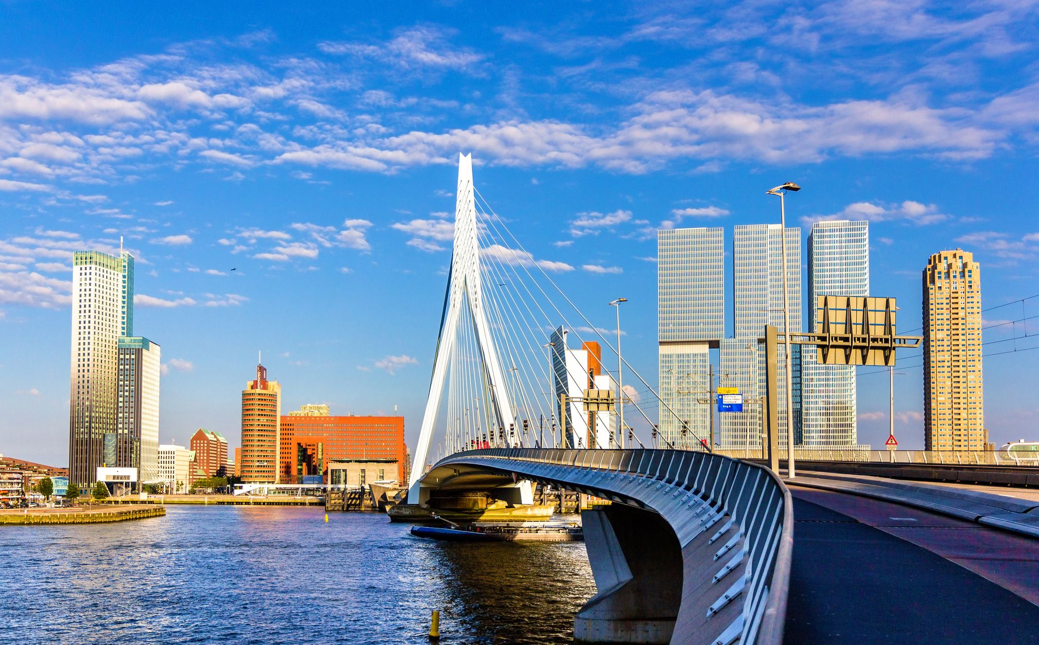 Photo of attractive view of Renowned Erasmusbrug (Swan Bridge) in Rotterdam in front of Port and Harbour.