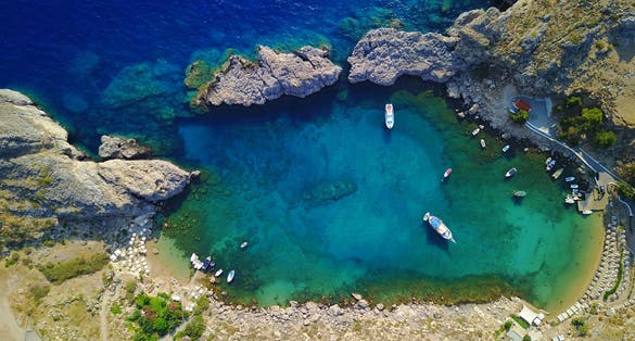 Aerial View of historic Village Lindos on Rhodes Greece Island including Acropolis on Rock