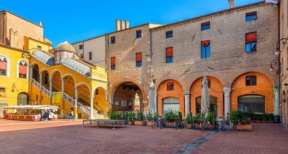 Piazza del Municipio with historic staircase Scalone D'Onore in Ferrara, Emilia-Romagna, Italy. Ferrara is capital of the Province of Ferrara