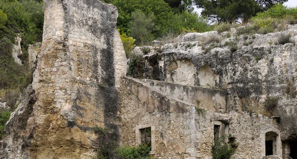 Ear of dionysus and Cave of the Nymphaeum (Grotta del Ninfeo) artificial cave on Greek Roman theater in Syracuse, Italy.