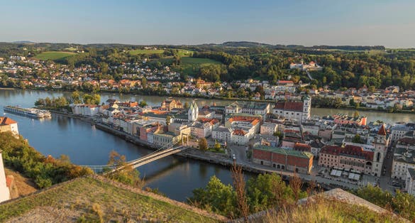 View over Passau, situated between the Inn and Danube rivers, in the evening, as seen from Veste Oberhaus