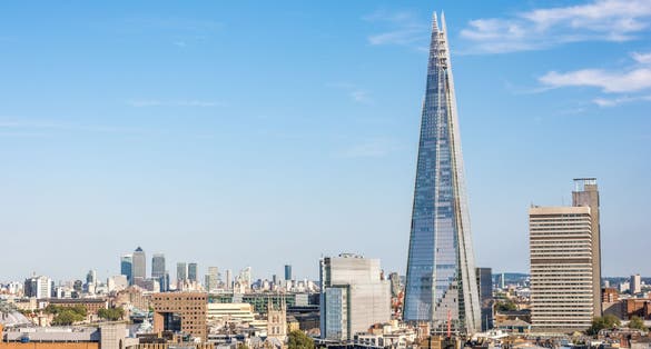 Photo of aerial view of the Shard and London skyline, UK.