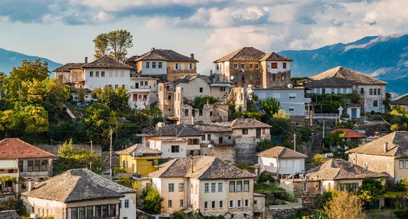 Photo of aerial view of historical protected town of Gjirocaster , Southern Albania.