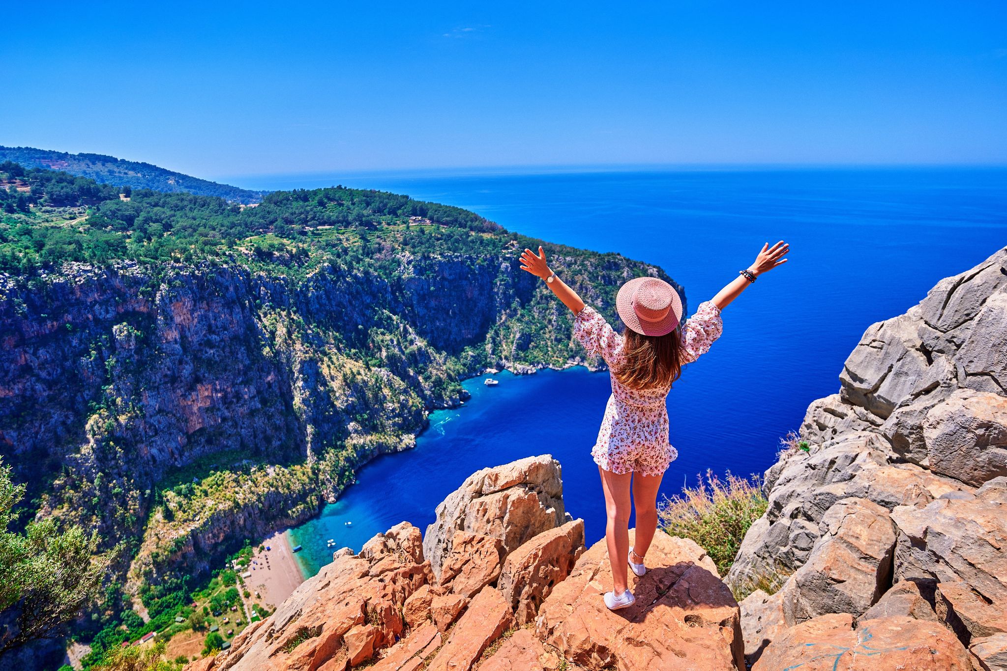 Photo of aerial view of amazing beach Butterfly Valley in Oludeniz Fethiye Turkey.