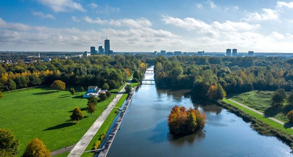 Beatrix park with city buildings on background in Almere, The Netherlands. Shot in autumn. Aerial view.