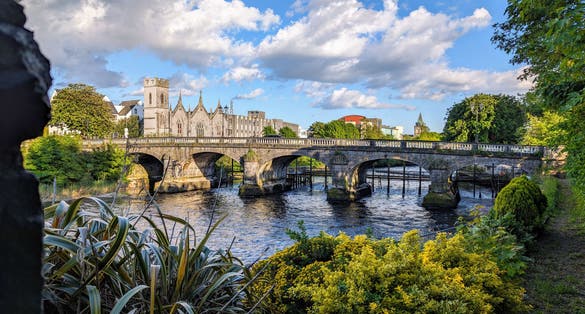photo of view of Galway city, buildings and architecture, Salmon Weir bridge, cityscape background, Irish landmarks, Ireland
