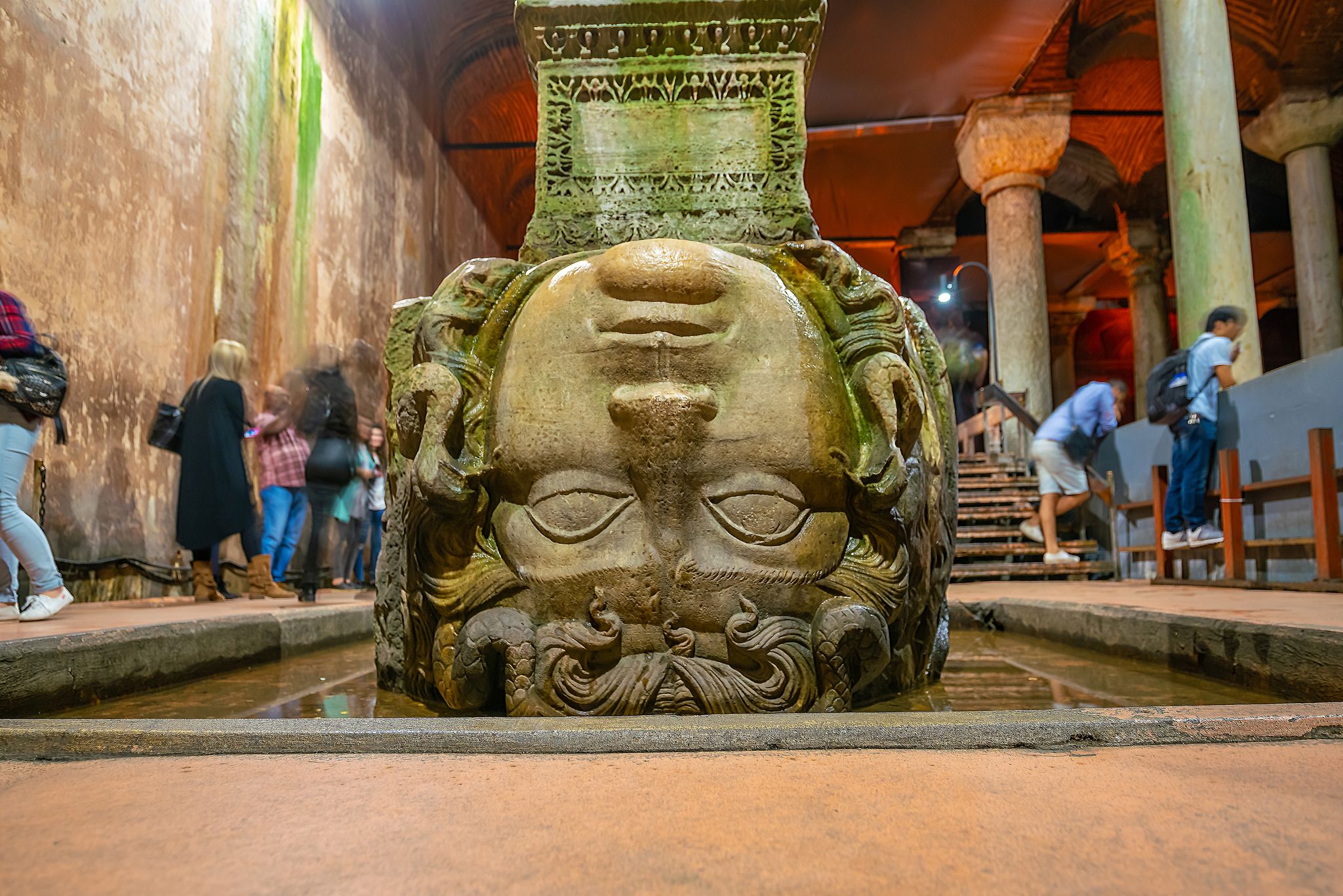 The Column with inverted Medusa head base inside Basilica Cistern in Istanbul, Turkey