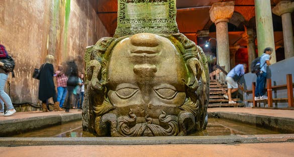 The Column with inverted Medusa head base inside Basilica Cistern in Istanbul, Turkey