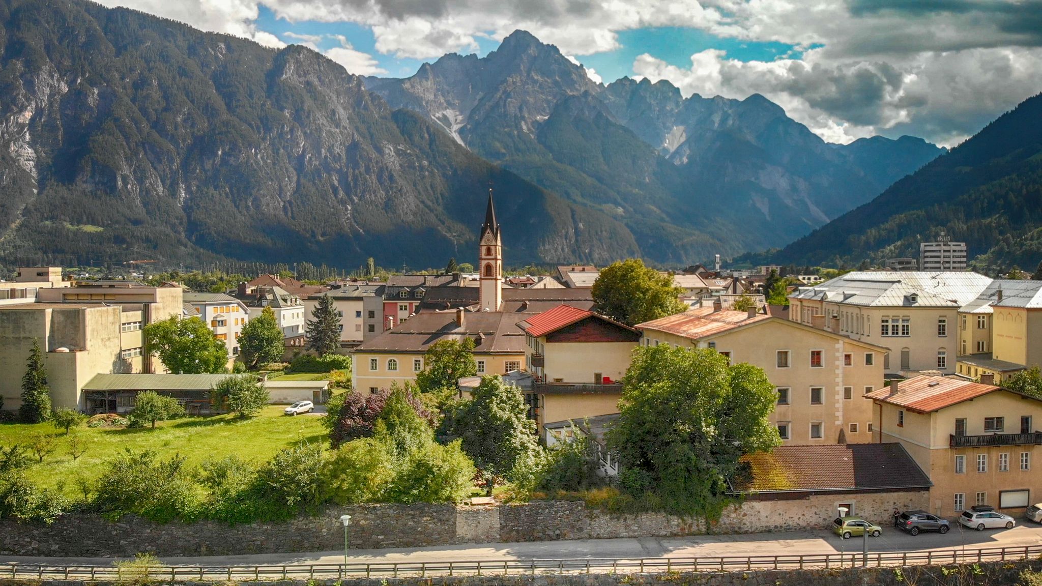 PHOTO OF VIEW OF Lienz, Austria. Aerial view of beautiful alpin mountain town.