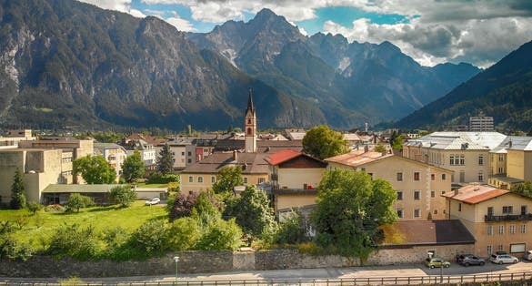 PHOTO OF VIEW OF Lienz, Austria. Aerial view of beautiful alpin mountain town.