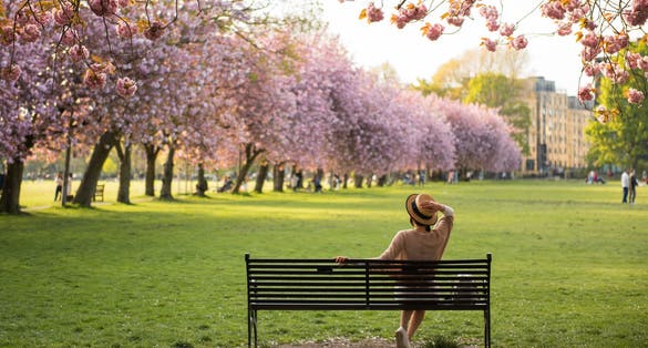 Photo of tourist woman overlooking pink Cherry Blossom trees in a sunny Spring day in the Meadows Park, Edinburgh, Scotland, UK.
