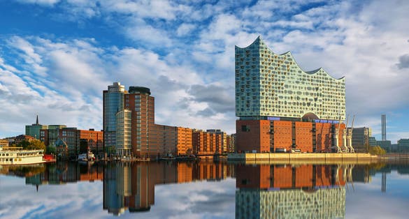 Photo of reflection of the iconic Elbphilharmonie concert hall landmark in Hamburg, Germany.