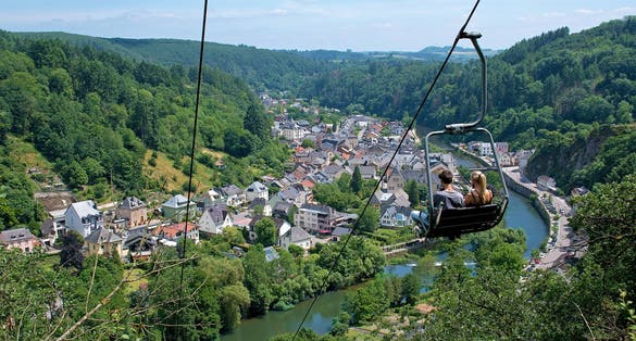 View of Vianden with cable car, Grand Duchy of Luxembourg, panorama