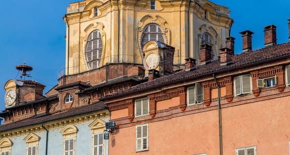 Front facade of the Real Chiesa di San Lorenzo at the Piazza Castello in Turin, Italy.