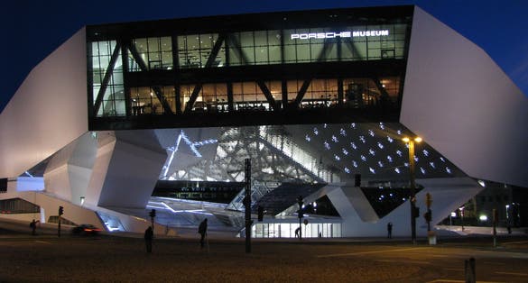 Main entrance of the museum from Porsche-Platz