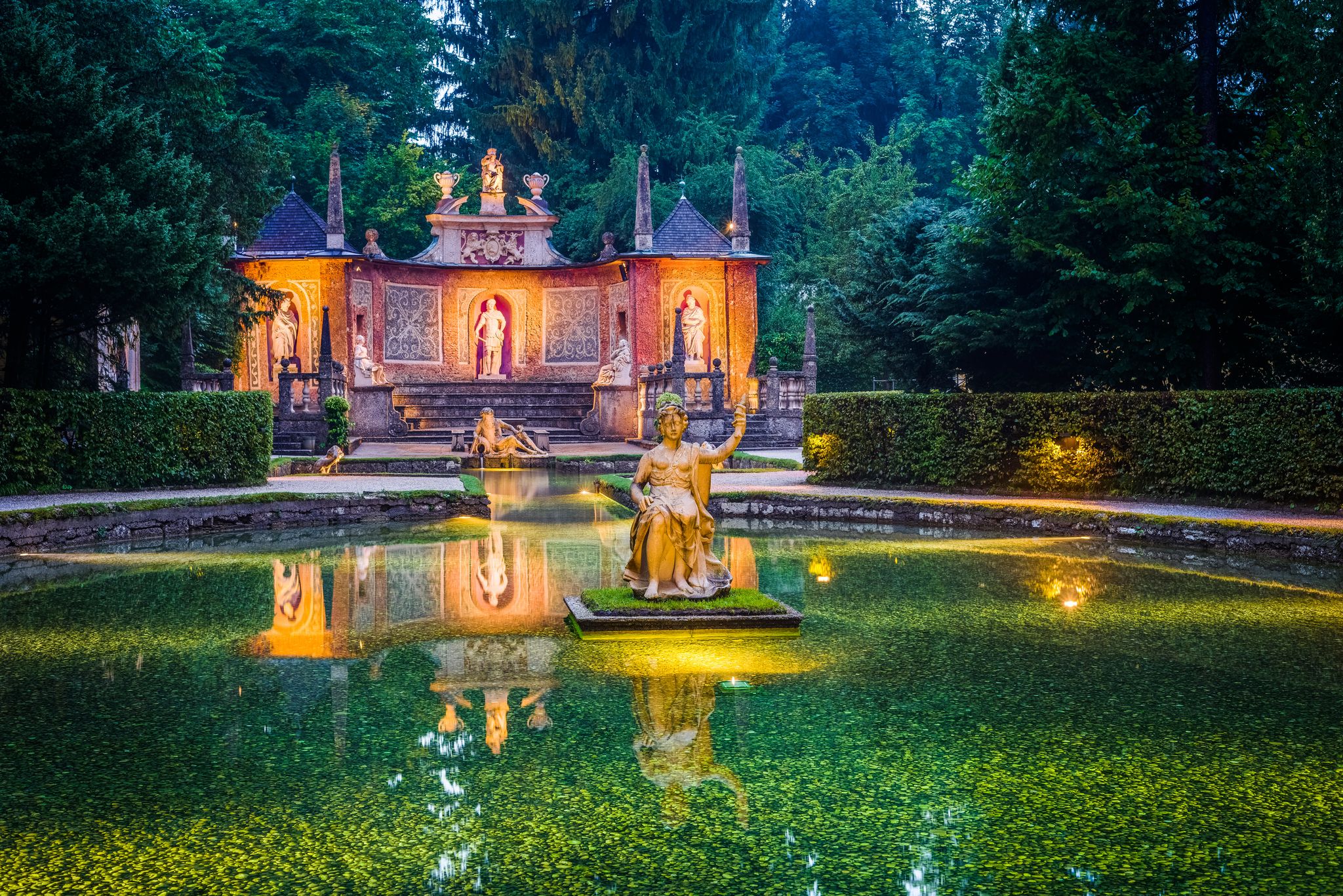 Photo of Hellbrunn Palace, an early Baroque villa of palatial size, near Morzg, a southern district of the city of Salzburg, Austria.