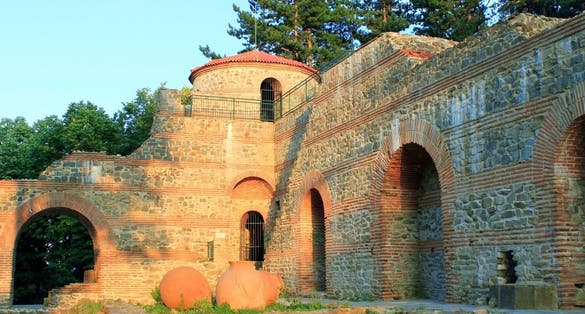 photo of  view of View of ruined defence walls and tower of Hisarlaka fortress with big broken jars in Kyustendil, Bulgaria,Kyustendil bulgaria.