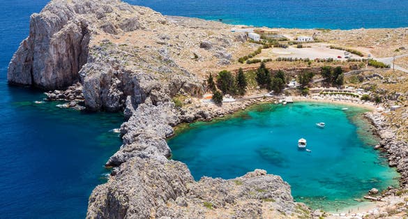 Looking down onto St Paul's Bay at Lindos on the Island of Rhodes Greece
