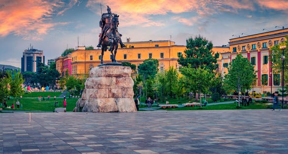 View of monument of Skanderbeg in Scanderbeg Square, Tirana, Albania