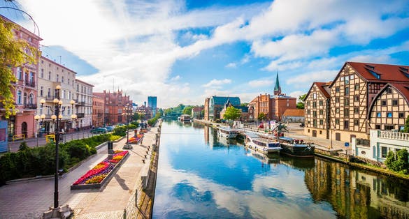City of Bydgoszcz in Poland with Granaries by the Brda River.