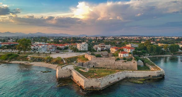 Photo of aerial panoramic view of the historical castle of Pantokrator. Its one of the 3 castles in Preveza city located at the south end of the old city, near the beach of Kyani Akti.