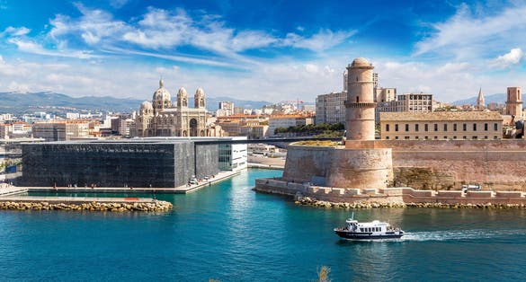 Photo of Saint Jean Castle and Cathedral de la Major and the Vieux port in Marseille, France.