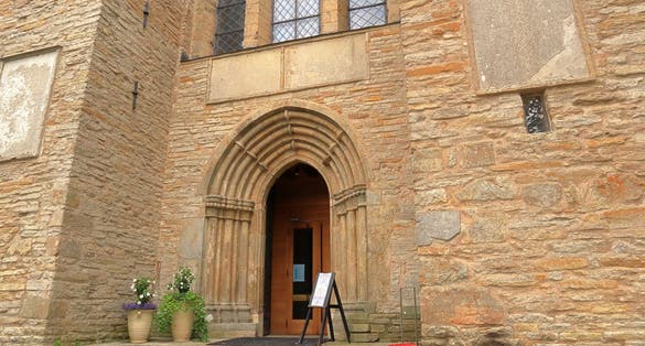 photo of entrance and exit door of Varnhem Abbey in Varnhem, Sweden, Europe.