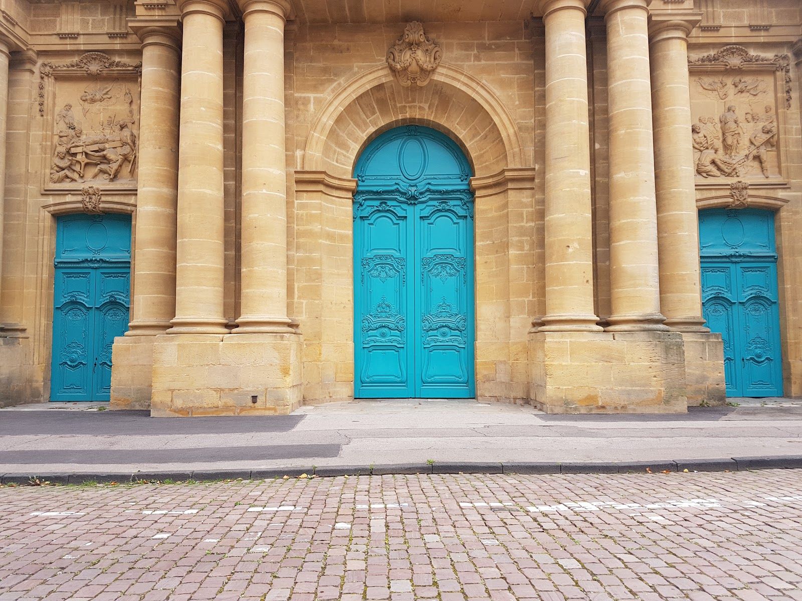 Photo of Metz city view of Petit Saulcy an Temple Neuf and Moselle River in Summer, France.