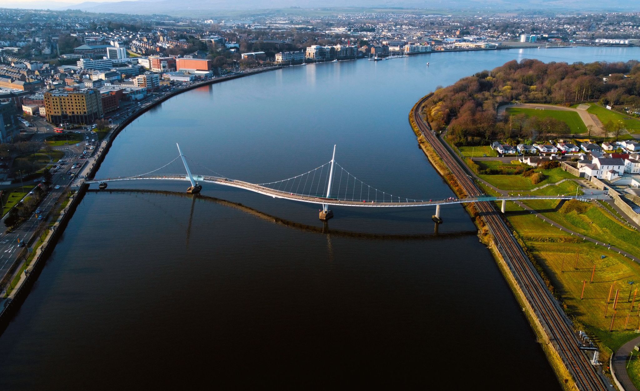 Aerial image of peace bridge, derry londonderry, northern ireland.