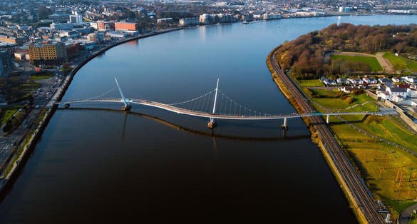 Aerial image of peace bridge, derry londonderry, northern ireland.